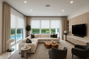 Drapes and roller shades in a living room.