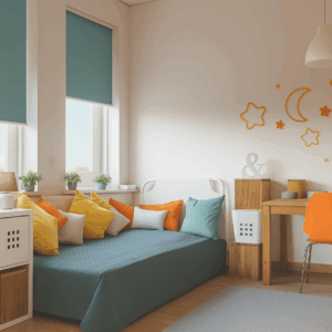 Blackout shades in a room. Gray mist color