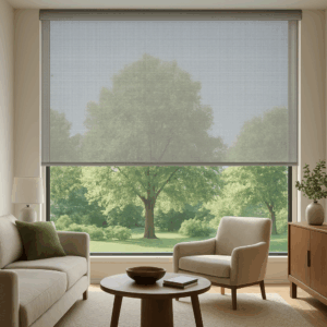 Living room with a large window covered by a light-filtering screen shade, allowing a clear view of green trees outside while softly diffusing sunlight. Neutral-toned furniture and decor create a calm, modern atmosphere.